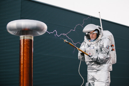 Analog astronaut holding the probe